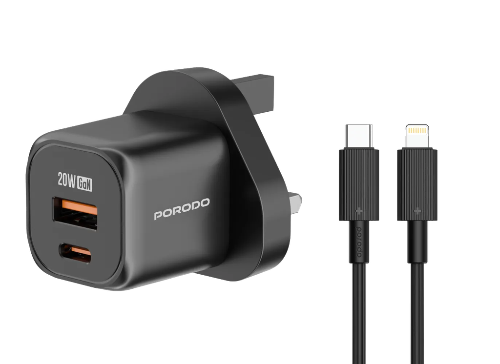 Porodo Dual-Port UK Wall Charger with Lightning Cable – Black