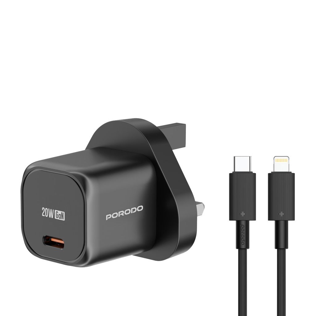 Porodo PD 20W UK Charger with USB-C to Lightning Cable – Black