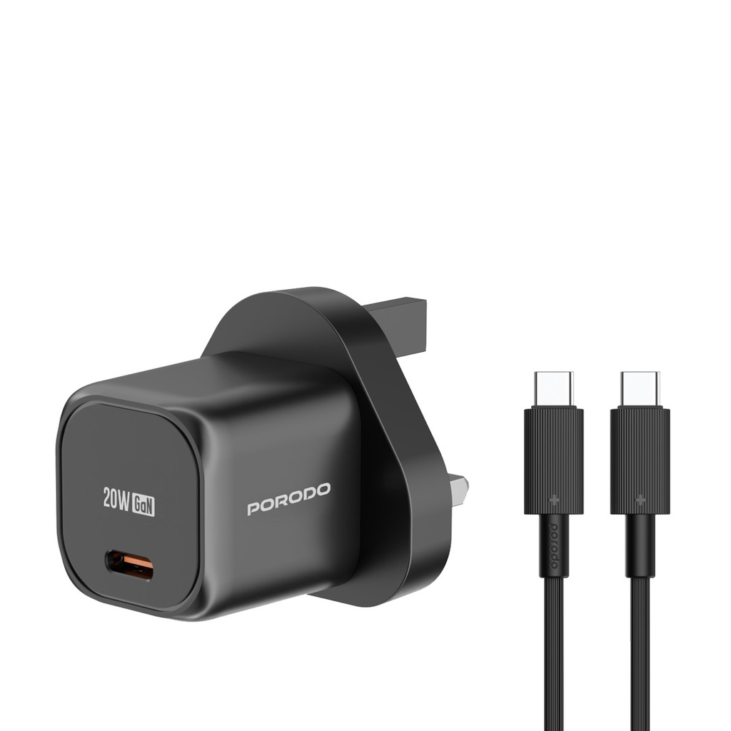 Porodo PD 20W UK Charger with USB-C to USB-C Cable – Black