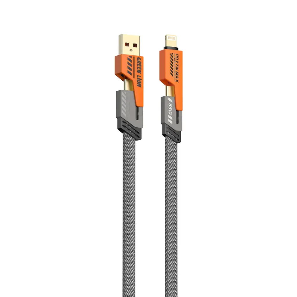 Green Lion 2-in-2 Braided Charging Cable, 65W, 1.2m - Orange