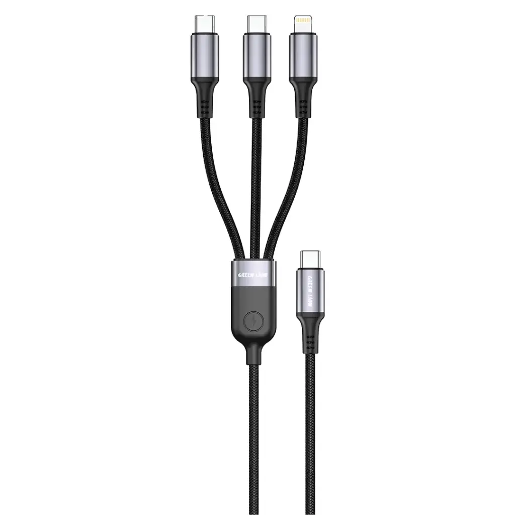 Green Lion 3-in-1 USB-C Charging Cable, 60W, 1m - Black