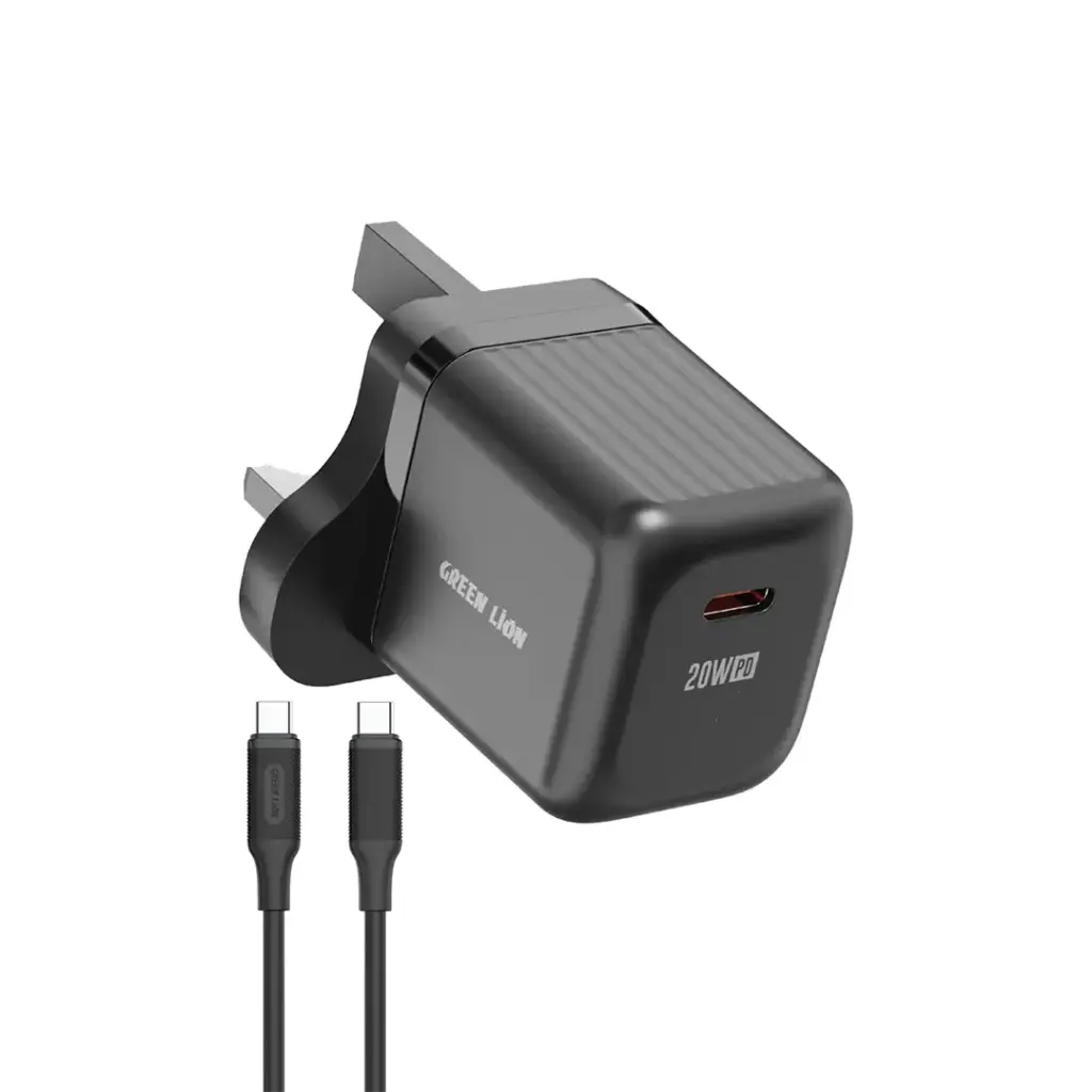 Green Lion Ultra Compact GaN Wall Charger 20W (UK) with USB-C to USB-C Cable – Black