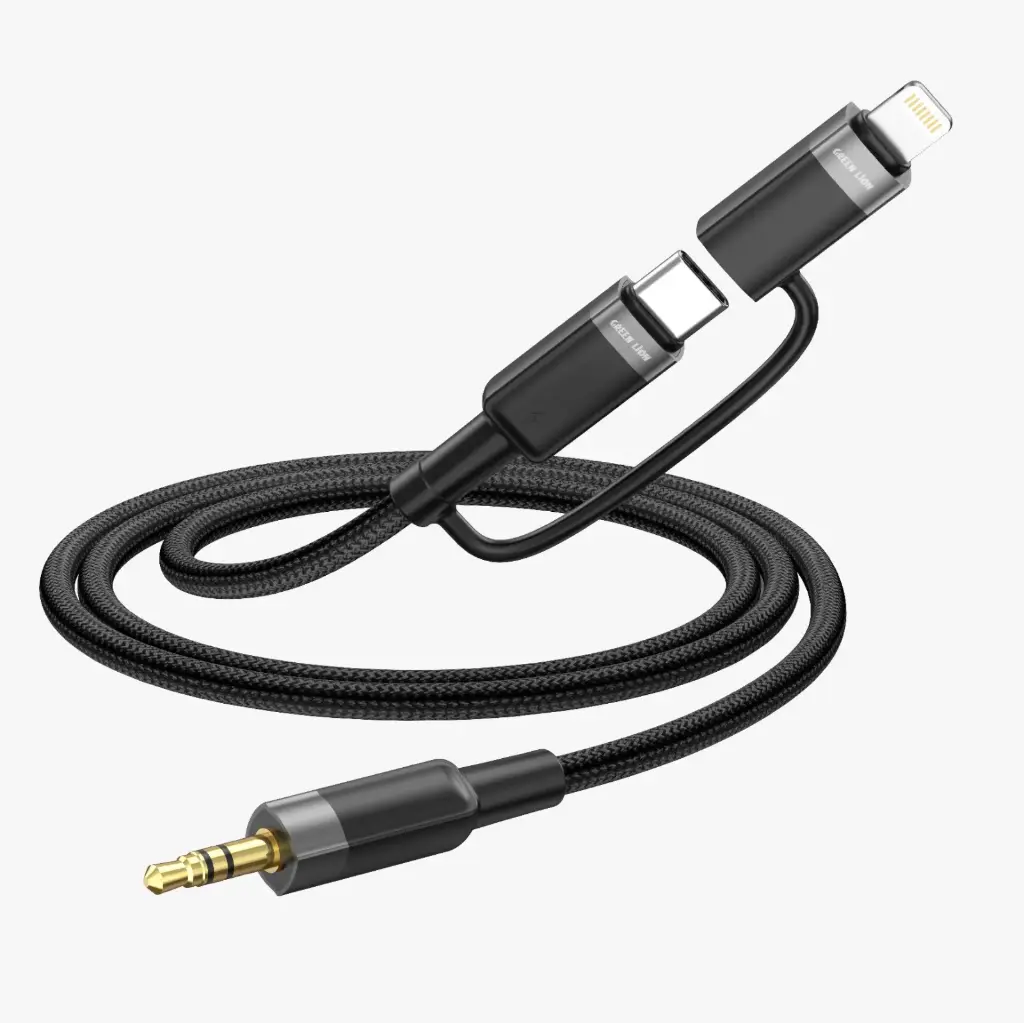 Green Lion 2-in-1 USB-C / Lightning to 3.5mm AUX Audio Cable, 1m - Black