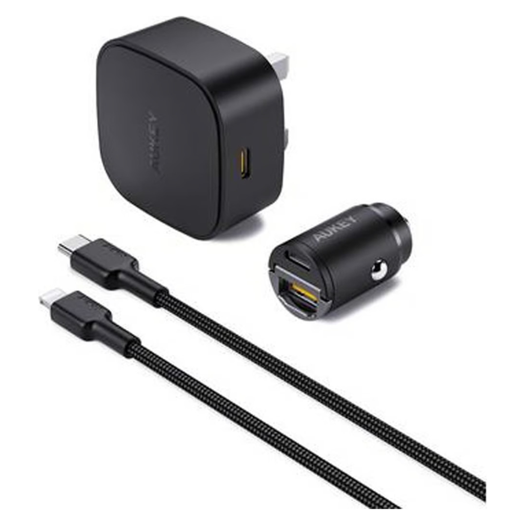 طقم Aukey On the Go II – شاحن جداري وشاحن سيارة (TK-3)