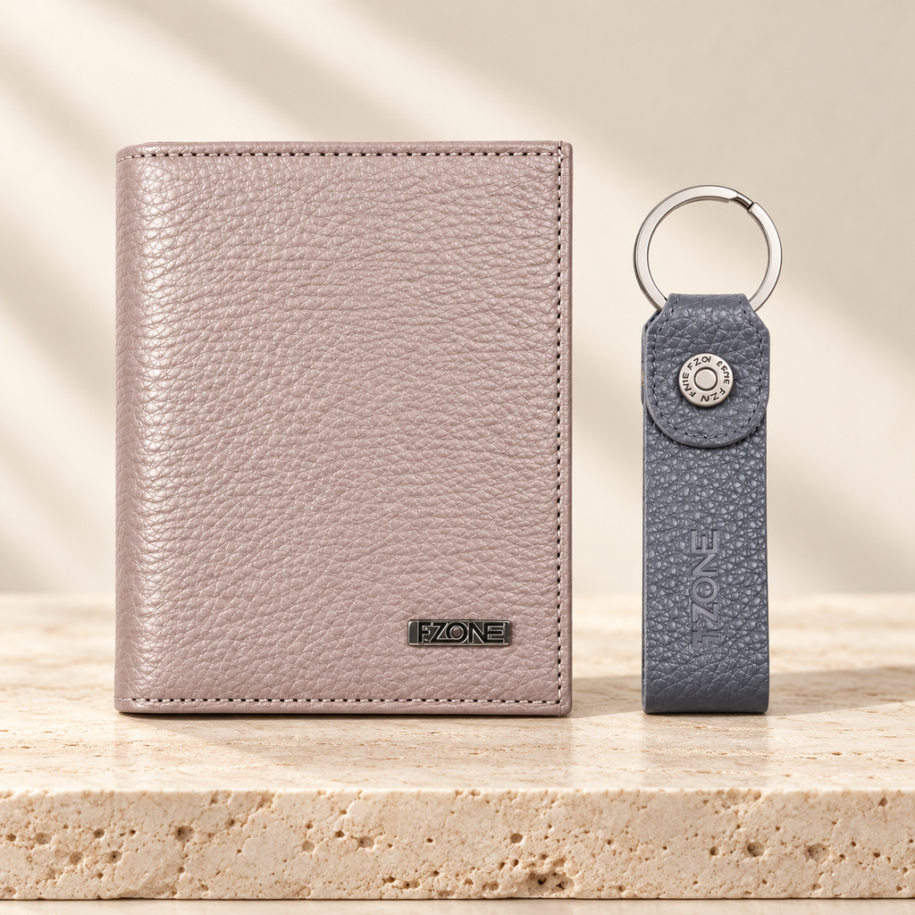 FZONE Leather Fold Wallet & Keyring – Light Grey Pebbled