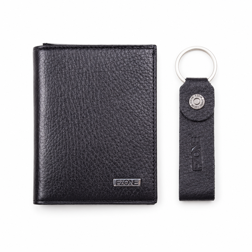 FZONE Leather Fold Wallet & Keyring – Black Pebbled