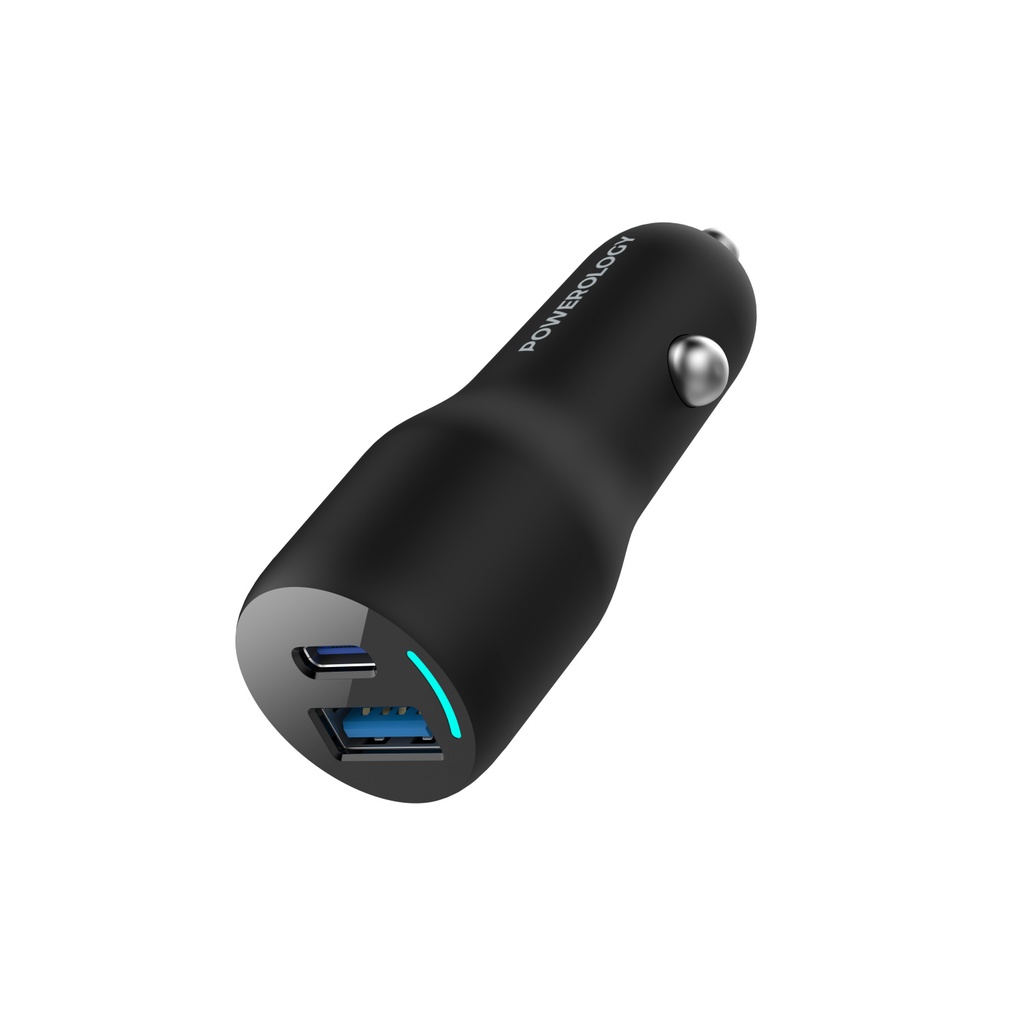 Powerology 38W Ultra Quick Car Charger, Dual Output USB-C, DC 12V-24V Input, Powerdash 3.0, Black