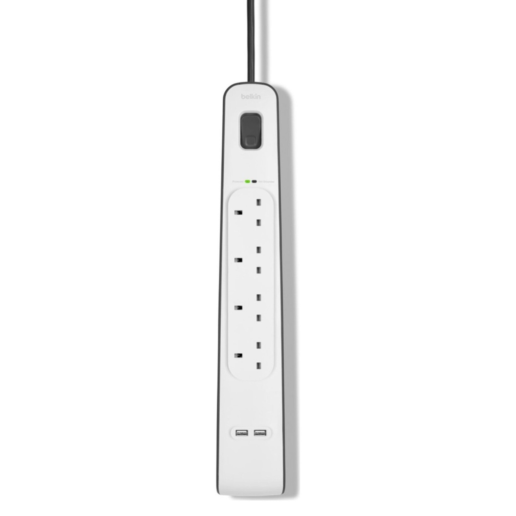 مشترك كهرباء Belkin بأربعة مقابس مع حماية من التيار المفاجئ وشحن USB، 2 متر – أبيض
