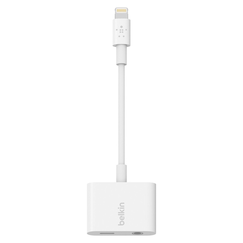محوّل Belkin RockStar للصوت 3.5 مم مع شحن Lightning – أبيض