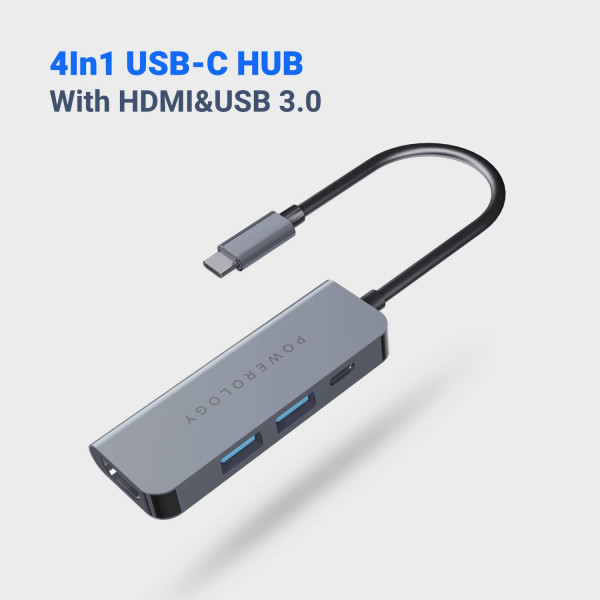 موزع Powerology 4 في 1 USB-C مع HDMI وUSB 3.0
