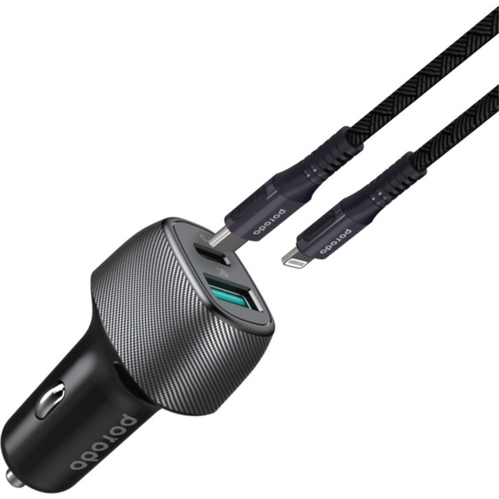 بورودو شاحن سيارة بمنفذين مع كابل مجدول USB-C إلى لايتنينغ