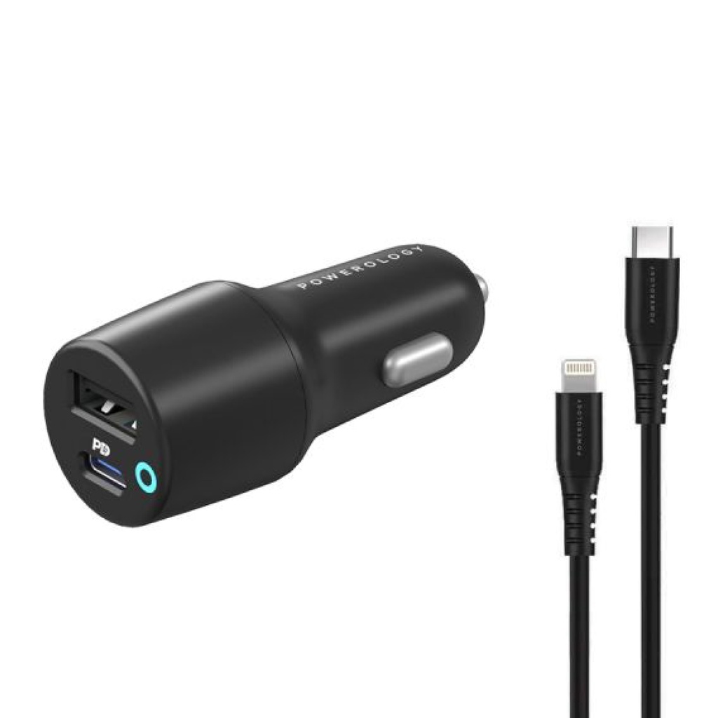 شاحن سيارة Powerology 32W بمنفذ USB مزدوج مع كابل USB-C إلى Lightning