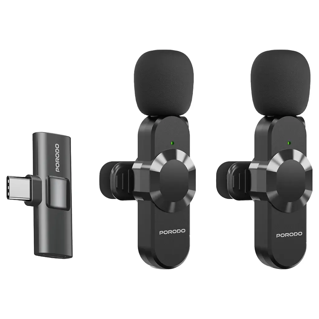 ميكروفون Porodo Audix Pro Lavalier مزدوج من النوع C و Lightning - أسود