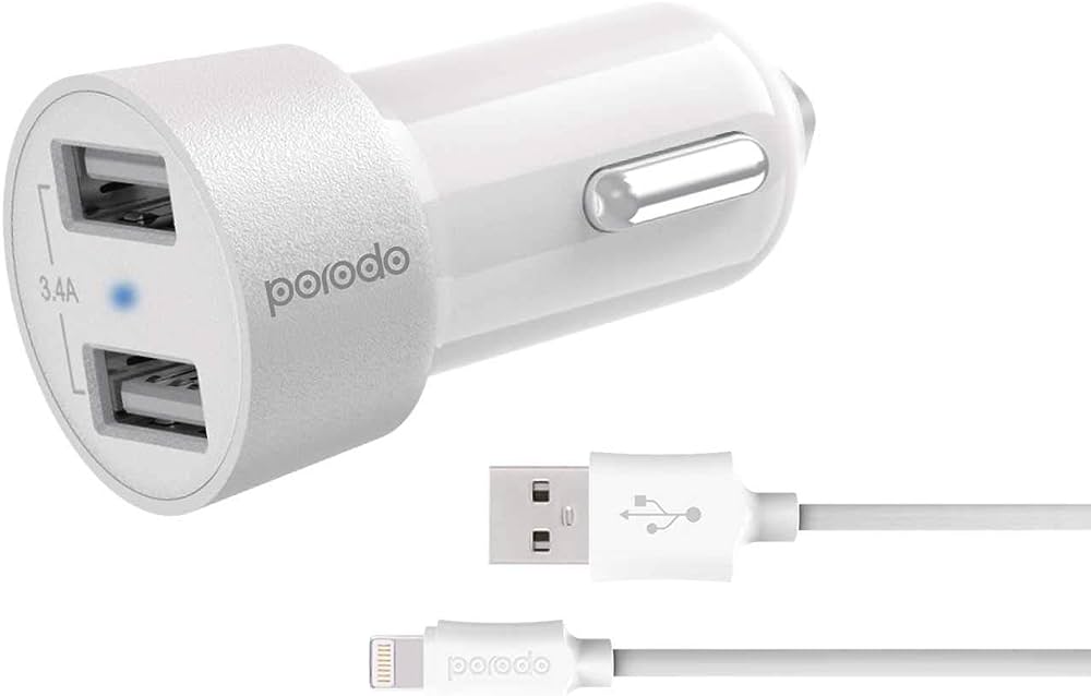 Porodo Dual USB Car Charger 3.4A With Type-C and Lightning cable