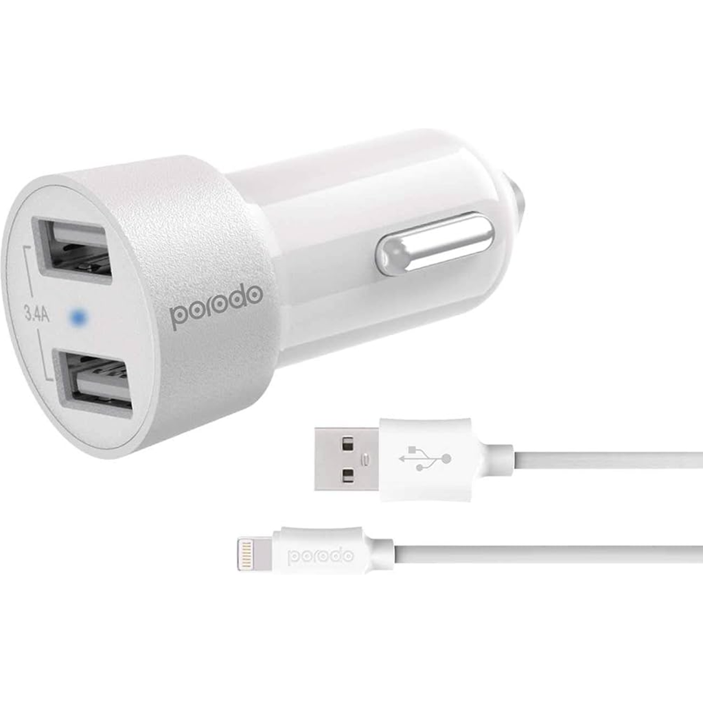 Porodo Dual USB Car Charger 3.4A with USB-C and Lightning Cable
