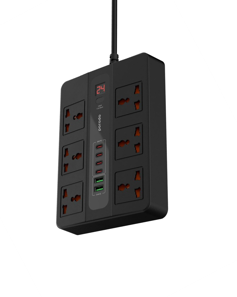 Porodo 6 AC 2 USB-A 24W & 4 USB-C PD 36W Multi-Port Super Hub 2M 3000W UK