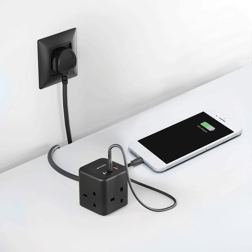 Porodo GAN Powercube Charger 3AC 1USB-A-2USB-C PD65W