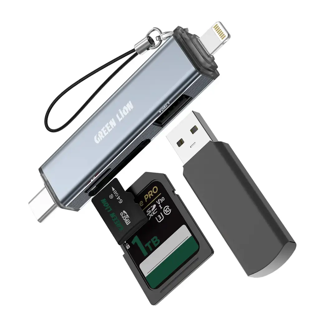 قارئ بطاقات Green Lion 3 في 1 مع اتصال USB-C و Lightning - رمادي
