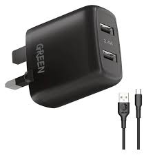 Green Lion Dual USB Port Wall Charger 12W UK with PVC Type-C Cable 1.2M