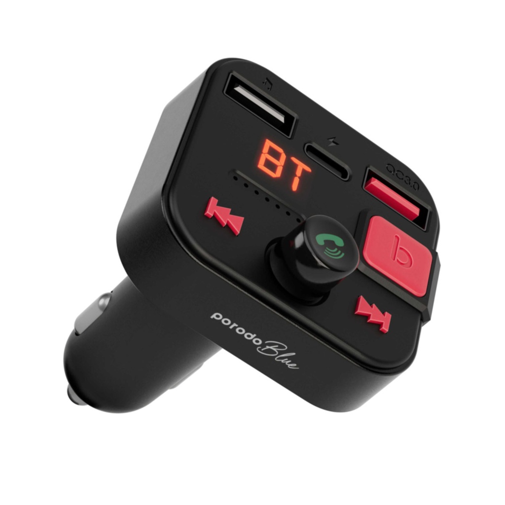 Porodo Blue Car Charger Fm Transmitter Dual QC3.0 Black