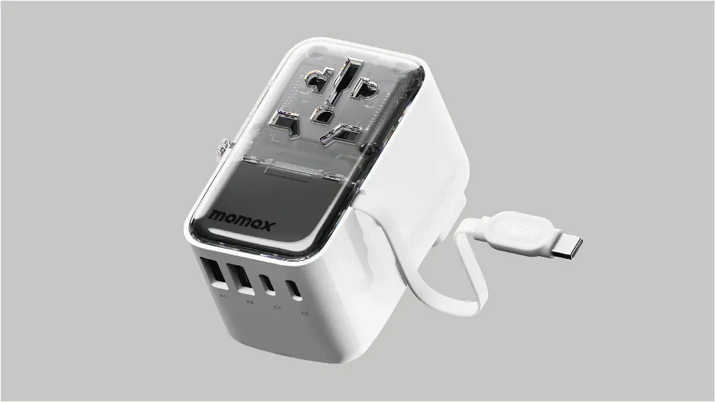 موماكس محول سفر 1-World Flow بأربعة منافذ بقدرة 35 واط وكابل USB-C مدمج