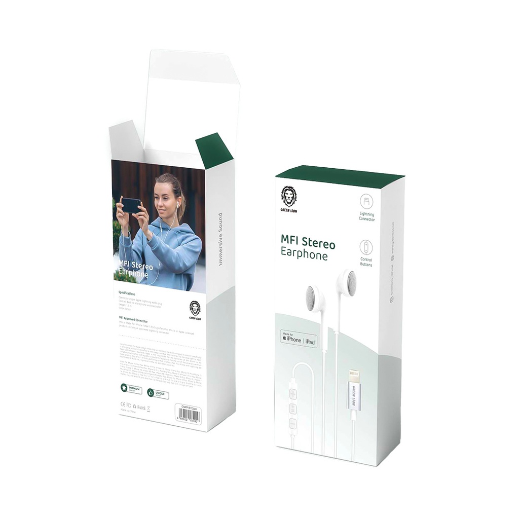 Green Lion MFI Stereo Earphone with Lightning Connector (1.2m) - White