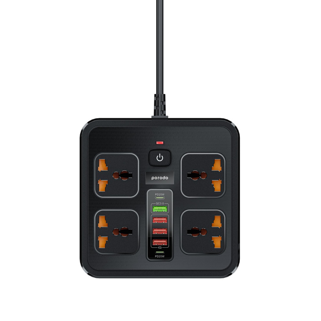 بورودو مشترك متعدد المنافذ، 4 مقابس و3 USB-A ومنفذا USB-C، قابس بريطاني وكابل 3 أمتار – أسود