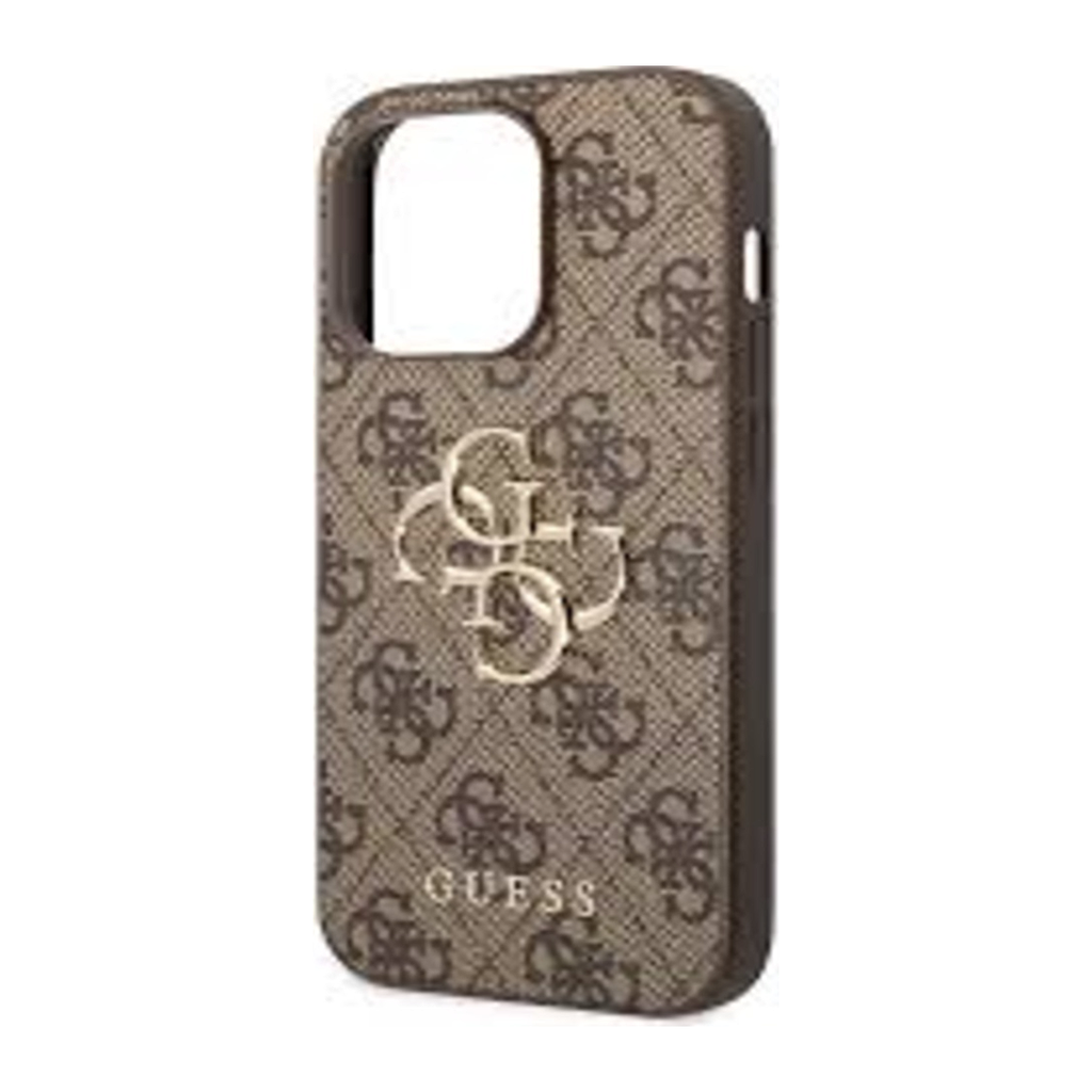 غطاء Guess 4G من الجلد الصناعي مع شعار المثلث المعدني لهاتف iPhone 15 Pro / Pro Max