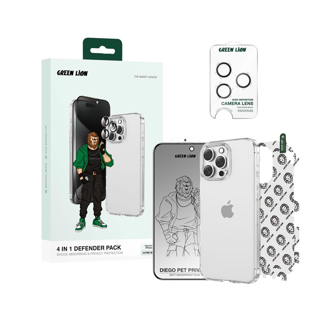 Green Lion 4 In 1 Defender Pack Privacy For iPhone16 Pro