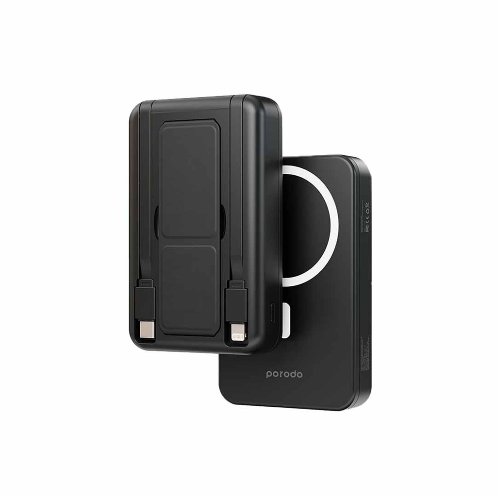Porodo 10000mAh Magnetic Power Bank with Built-In Cables – Black
