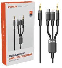 Porodo Multi-Device AUX 3.5mm|Type-C|Lightning Cable(4ft/1.2m)