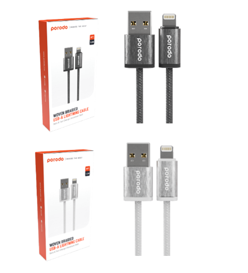 Porodo Woven Braided USB-A Lightning Cable Data & Fast Charge Aluminum Shell 1.2m/4ft