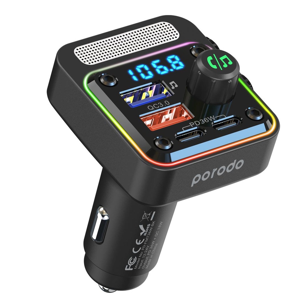 Porodo 36W USB-C FM Transmitter Car Charger – Black