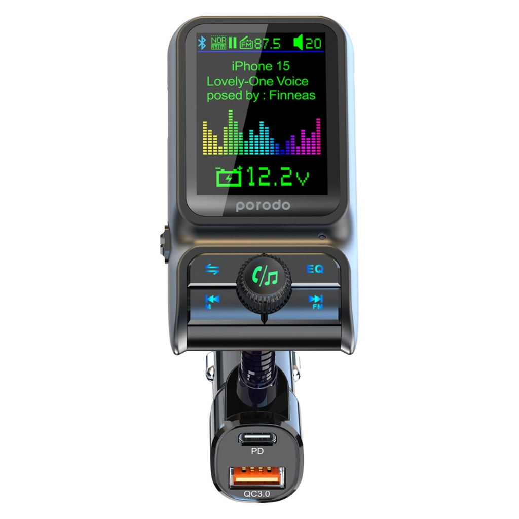 Porodo FM Car Charger with 1.77-Inch Display, PD 36W – Black