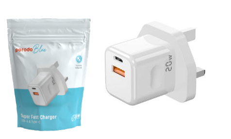 بورودو بلو شاحن جداري USB-C PD وUSB-A QC، بقدرة PD ‏20 واط وقابس بريطاني – أبيض