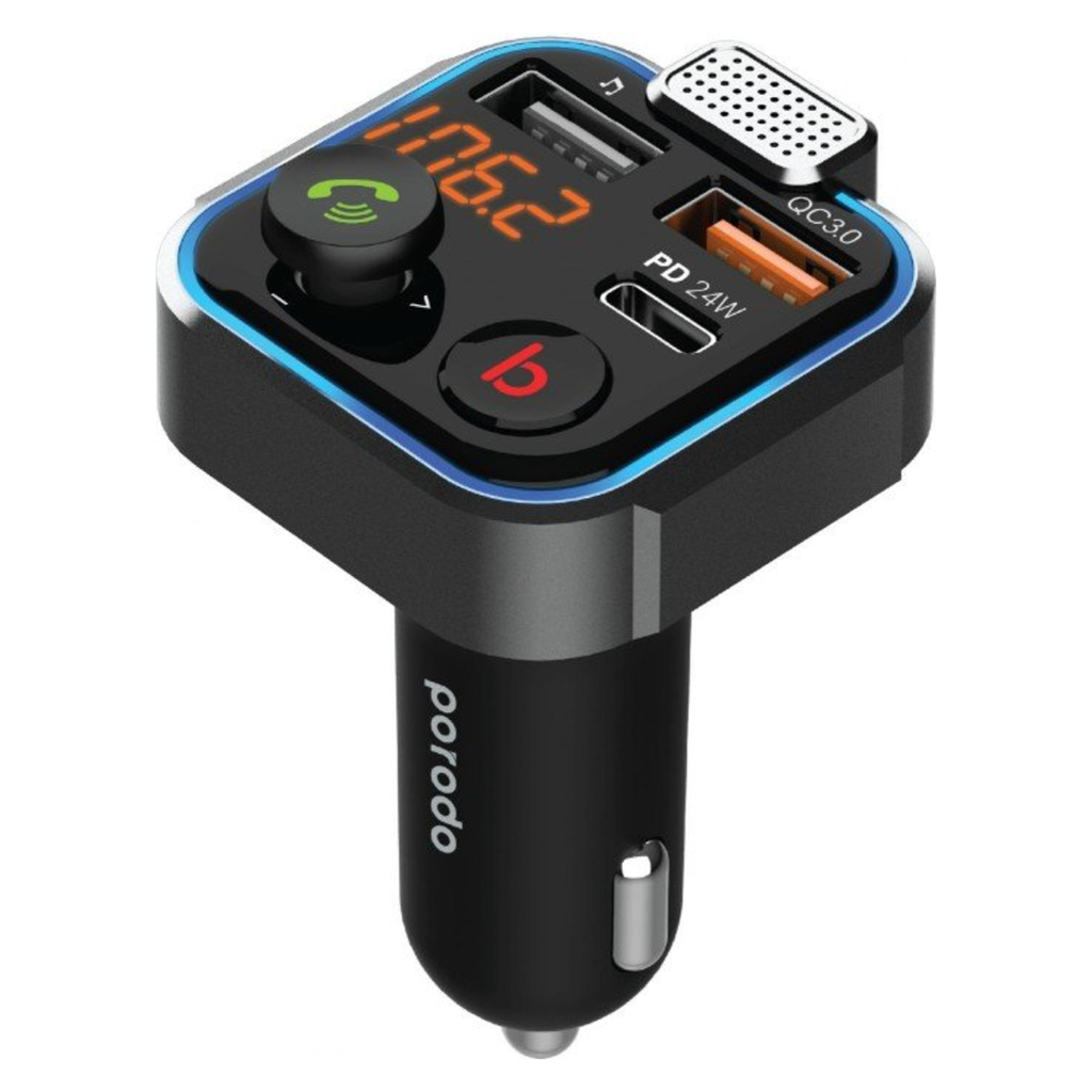 Porodo Smart FM Transmitter Car Charger with 24W PD and QC3.0