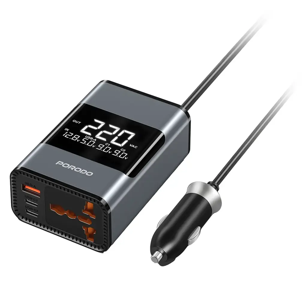 Porodo Universal 200W AC Car Power Inverter and PD30W Mobile Charging - Gray
