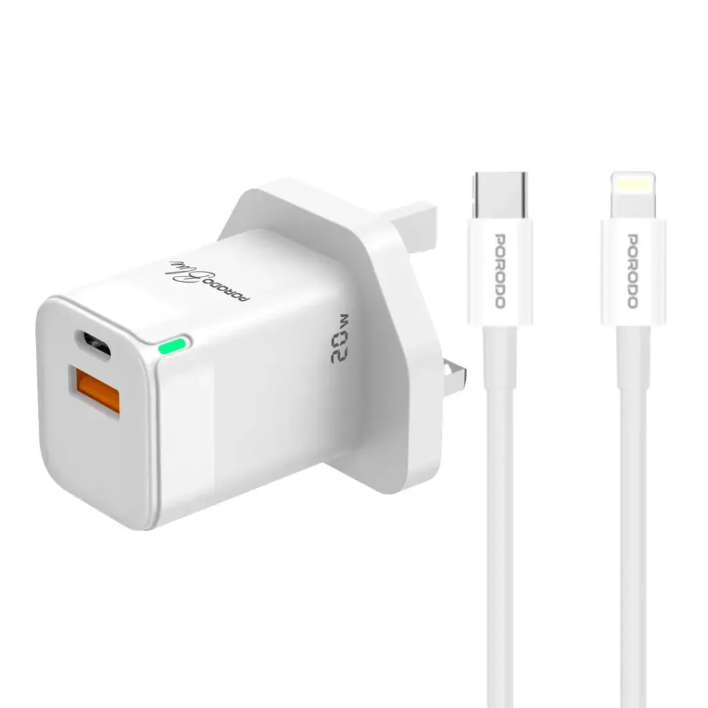 Porodo Blue Ultra-Quick Charger With 1m USB-C To Lightning - White