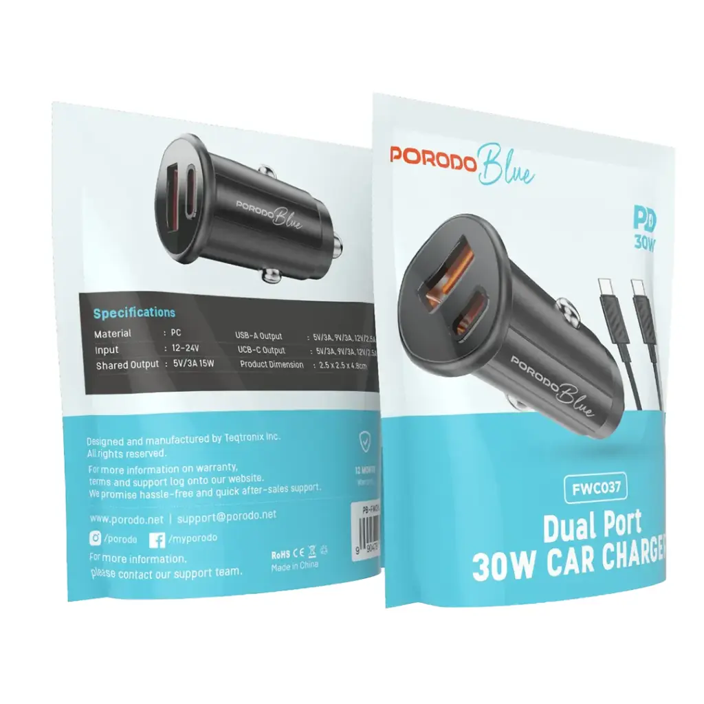 Porodo Blue Dual Port 30W Car Charger with C to C Cable - Black