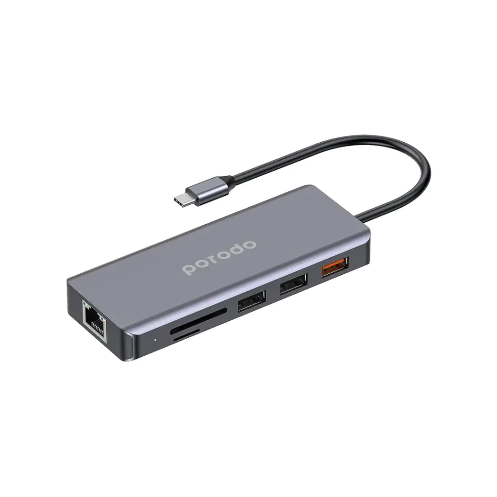 Porodo 9-in-1 USB-C Hub with HDMI, Ethernet, USB, Card Readers and Audio - Grey