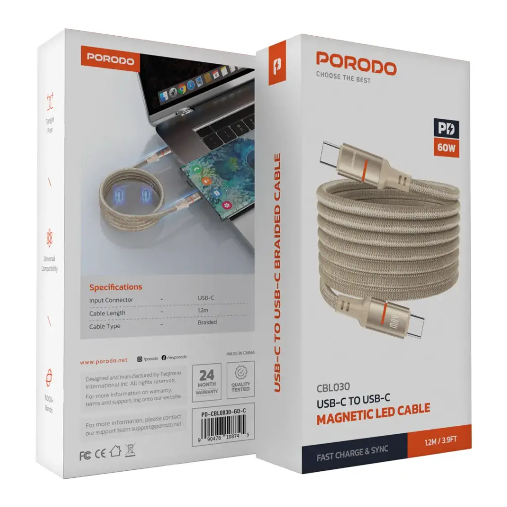 Porodo 60W USB-C to USB-C Magnetic Braided Cable 1.2m – Gold