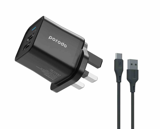 بورودو شاحن بمنفذين، 2.4 أمبير، مع كابل USB-C بطول 1.2 متر – أسود