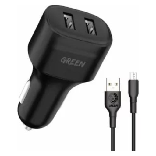 Green Lion Dual Port Car Charger 12W with PVC Micro USB Cable 1.2M - Black