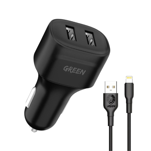 [GNCC24IP6BK] Green Lion Dual Port Car Charger 12W UK with PVC Lightning Cable 1.2M - Black