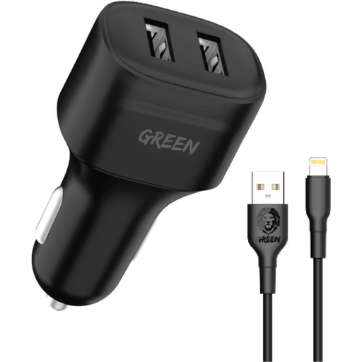 Green Lion Dual Port Car Charger 12W UK with PVC Lightning Cable 1.2M - Black