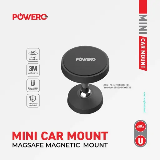 [PR-MTCRSC10-BK] حامل السيارة الصغير POWERO + MAGSAFE المغناطيسي مع دوران 360 درجة
