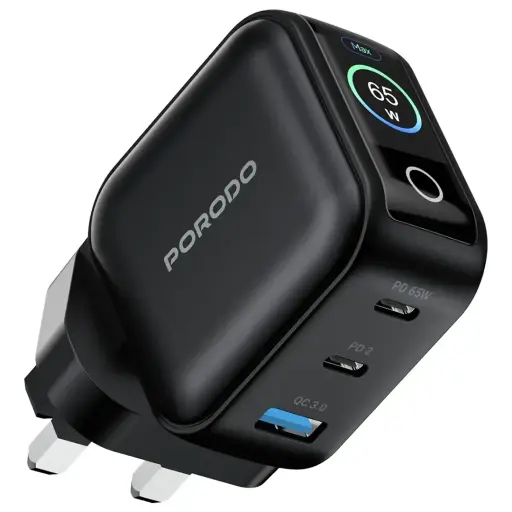 Porodo Nexora 65W 3-Port Wall Charger with LCD Display - Black