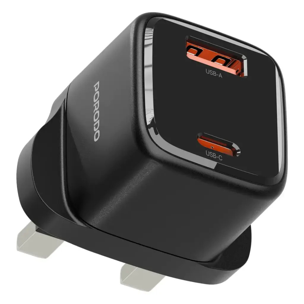 Porodo Viktor 25W GaN Dual-Port UK Charger with USB-C to USB-C Cable - Black