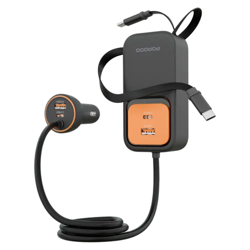 Porodo Enzo Multi-Port Car Charger with Dual 70cm Retractable Cables