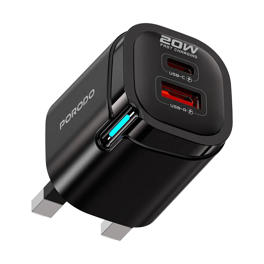 Porodo Tekto Dual USB 20W Charger with USB-C to USB-C Cable - Black